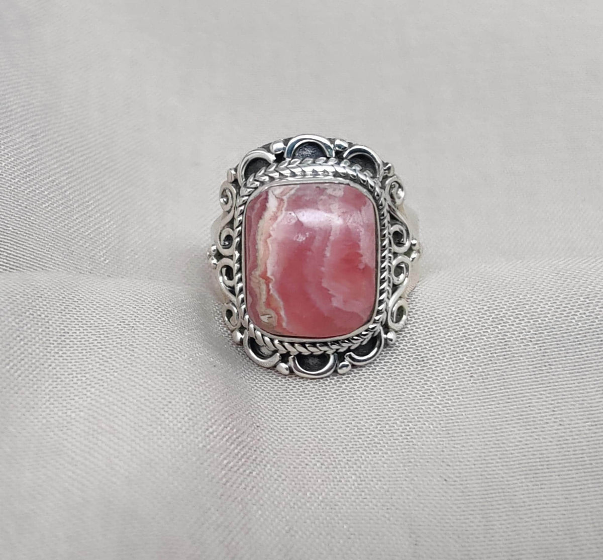 Handmade Rhodochrosite Sterling Silver Ring: Boho October Birthstone