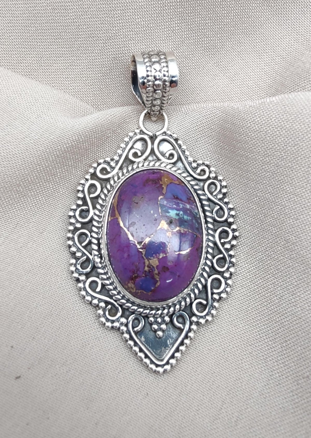 Purple Copper Turquoise Pendant: Sterling Silver Boho Healing Necklace