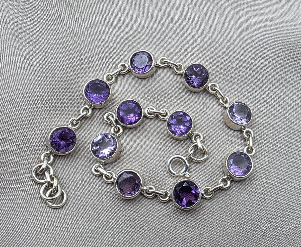 Amethyst 925 Sterling Silver Gemstone Bracelet Natural Purple Gemstone Oval Link Jewelry
