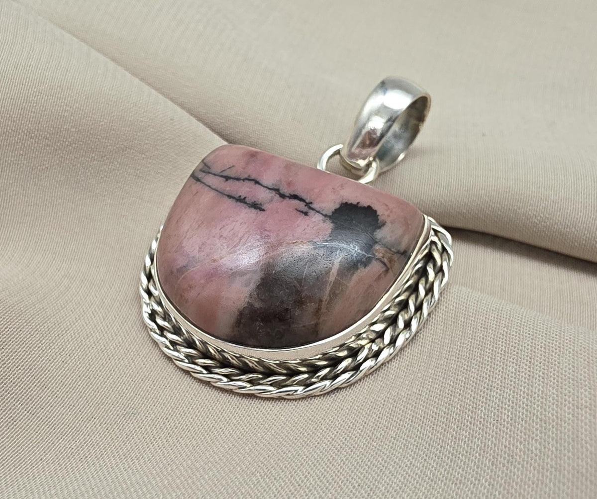 Rhodonite Pendant 925 Sterling Silver Pink and Black Healing Stone Necklace Crystal Jewelry