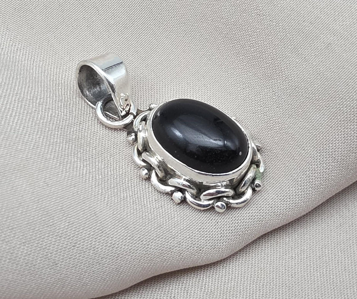 Black Onyx 925 Sterling Silver Pendant: Boho Protection Handmade Jewelry