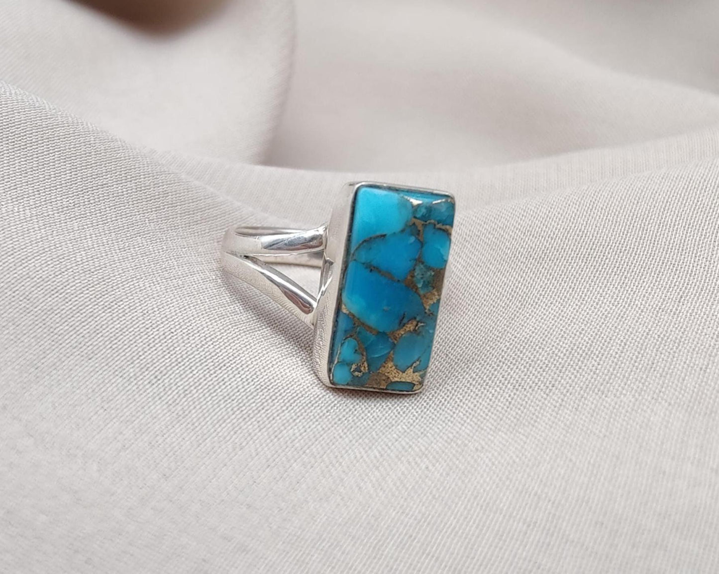 Blue Copper Turquoise 925 Sterling Silver Ring: Boho Gemstone Jewelry