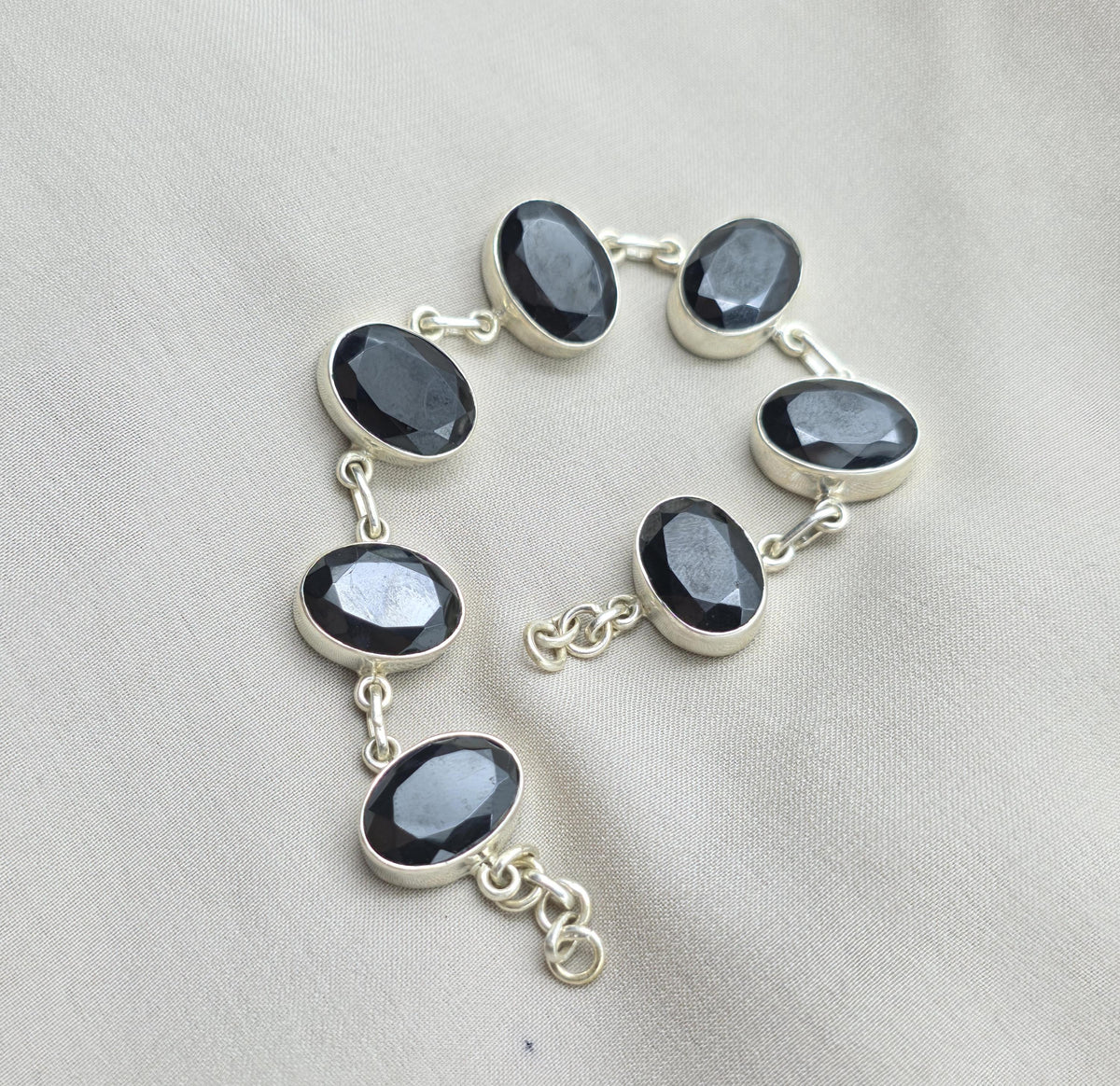 Black Onyx 925 Sterling Silver Faceted Oval Stone Link Bracelet Handmade Jewelry
