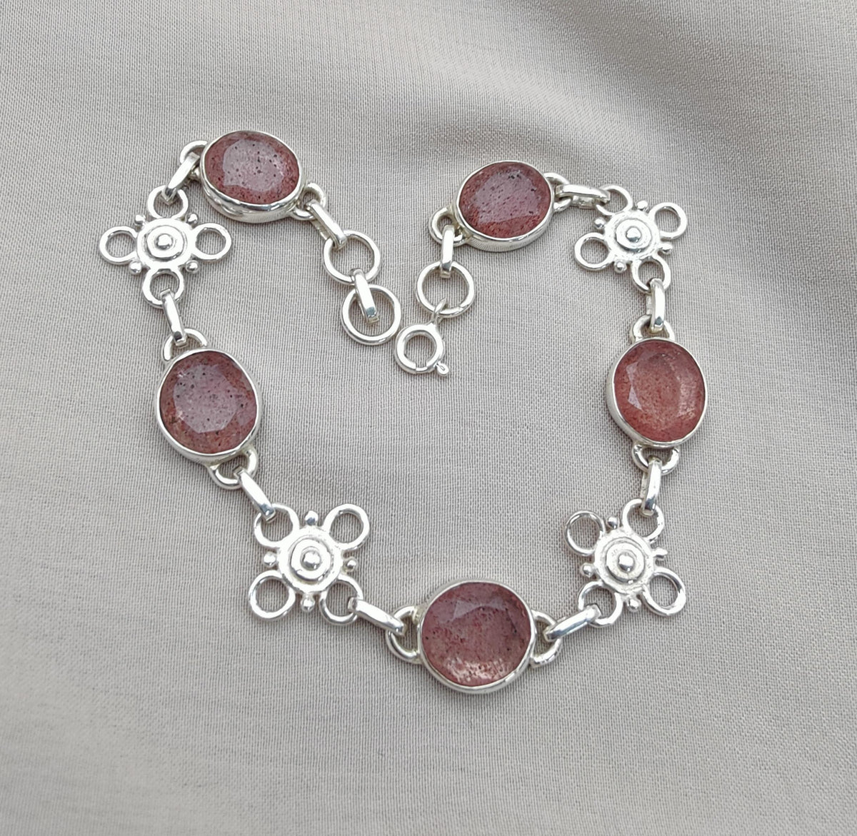 Pink Strawberry Quartz 925 Sterling Silver Bracelet | Handmade Adjustable Gemstone Jewelry Gift for Women