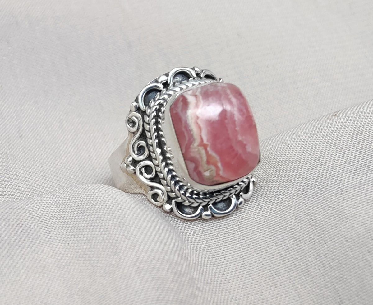 Handmade Rhodochrosite Sterling Silver Ring: Boho October Birthstone