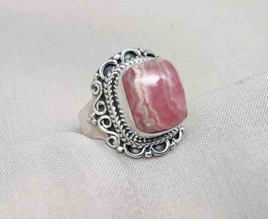 Handmade Rhodochrosite Sterling Silver Ring: Boho October Birthstone