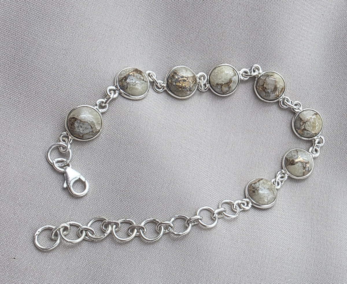 925 Sterling Silver Copper Calcite Bracelet Natural Round Gemstone Link Bracelet Gift for Her