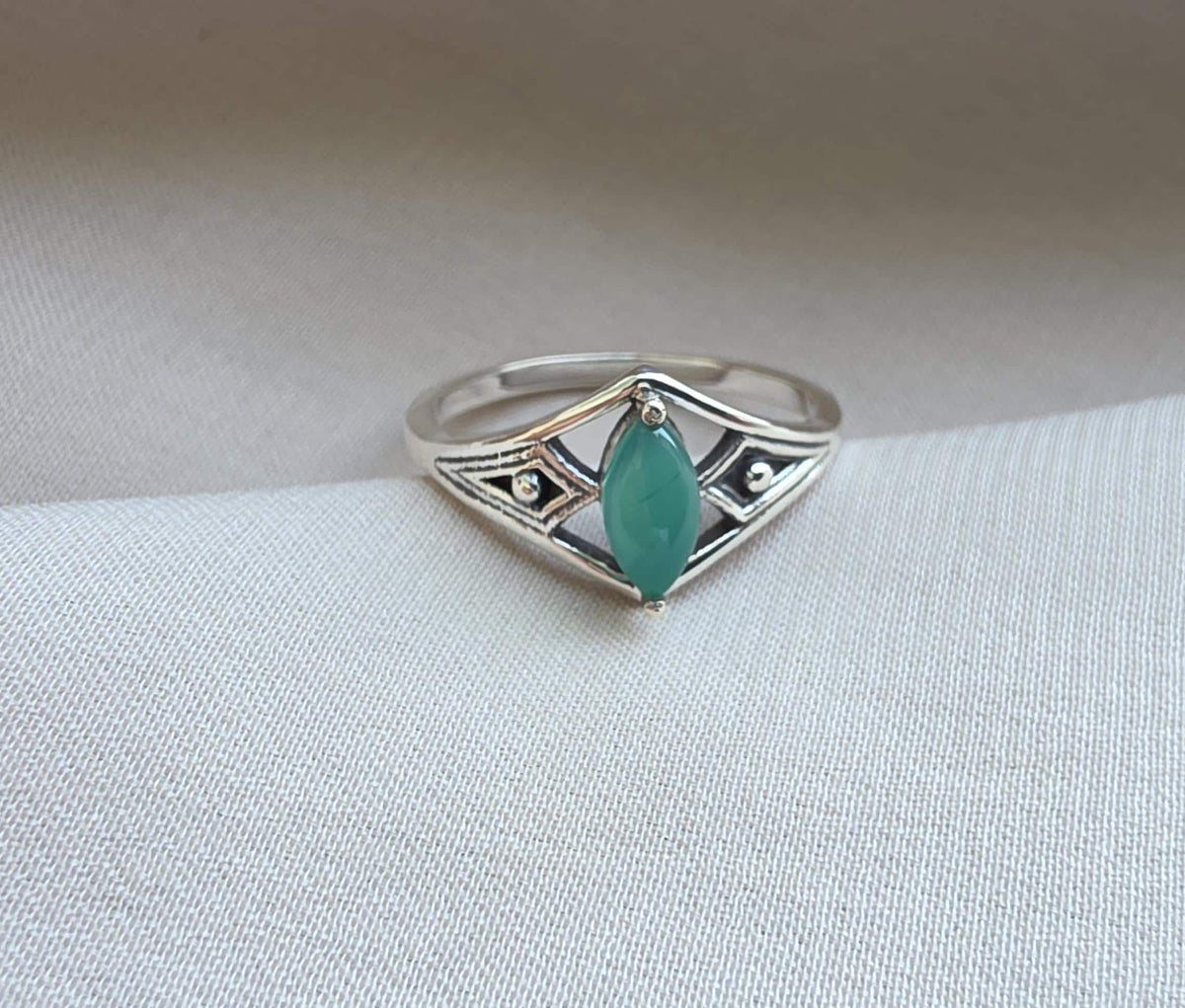 Green Onyx Ring Marquise Cut 925 Sterling Silver Boho Geometric Statement Jewelry