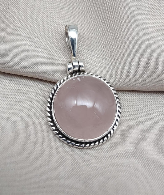 Handmade Rose Quartz Pendant: 925 Sterling Silver Round Necklace