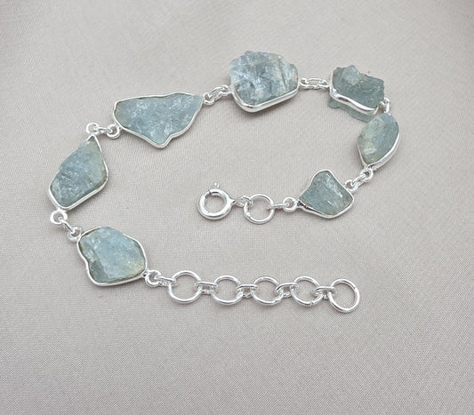 Raw Aquamarine Bracelet in 925 Sterling Silver Natural Blue Gemstone Jewelry
