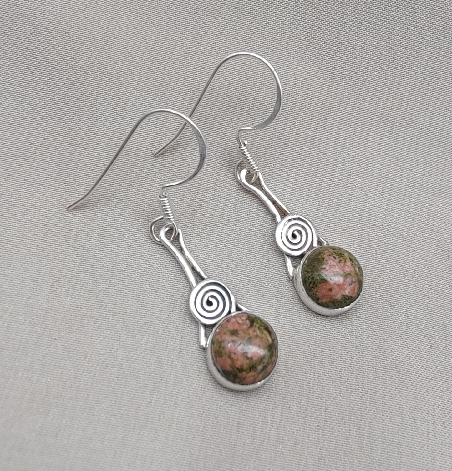 Unakite Dangle Earrings: 925 Sterling Silver, Boho Healing Stone