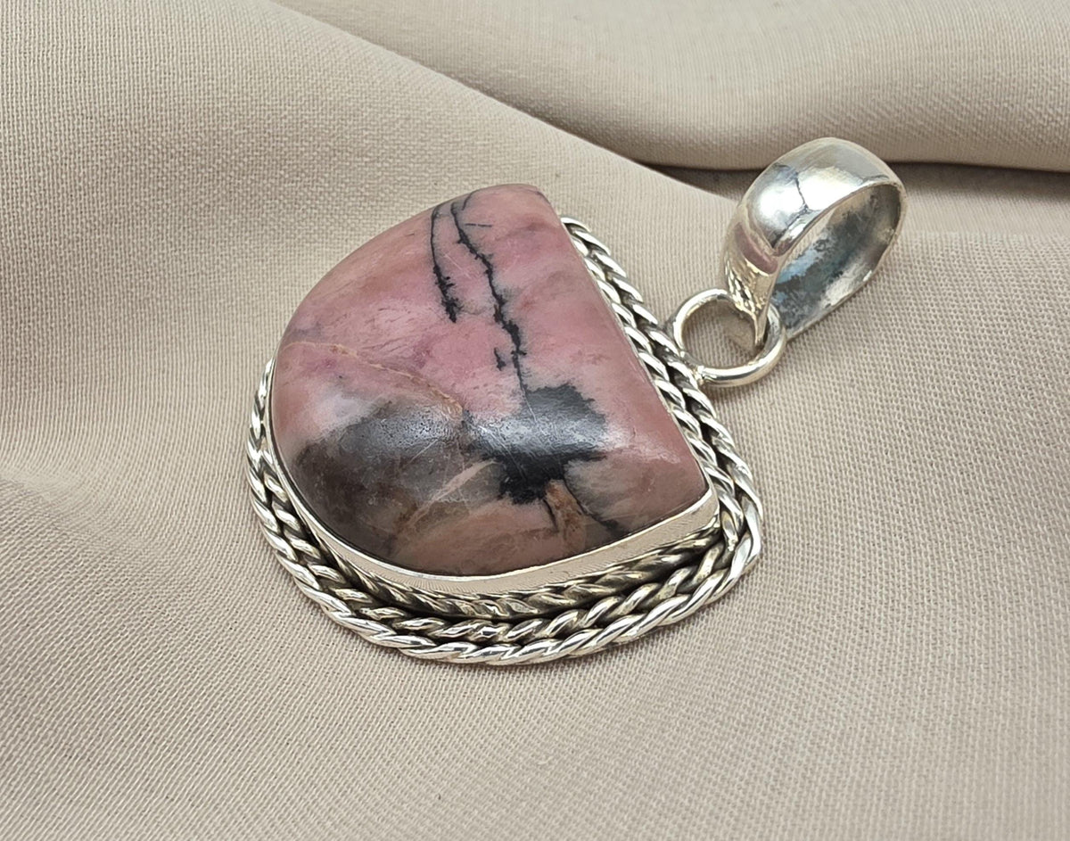 Rhodonite Pendant 925 Sterling Silver Pink and Black Healing Stone Necklace Crystal Jewelry