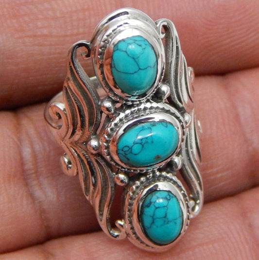 925 SOLID STERLING SILVER NATURAL TURQUOISE GEMSTONES HANDMADE RING, ALL SIZES AVAILABLE