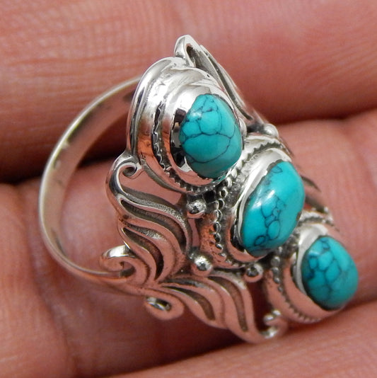 925 SOLID STERLING SILVER NATURAL TURQUOISE GEMSTONES HANDMADE RING, ALL SIZES AVAILABLE