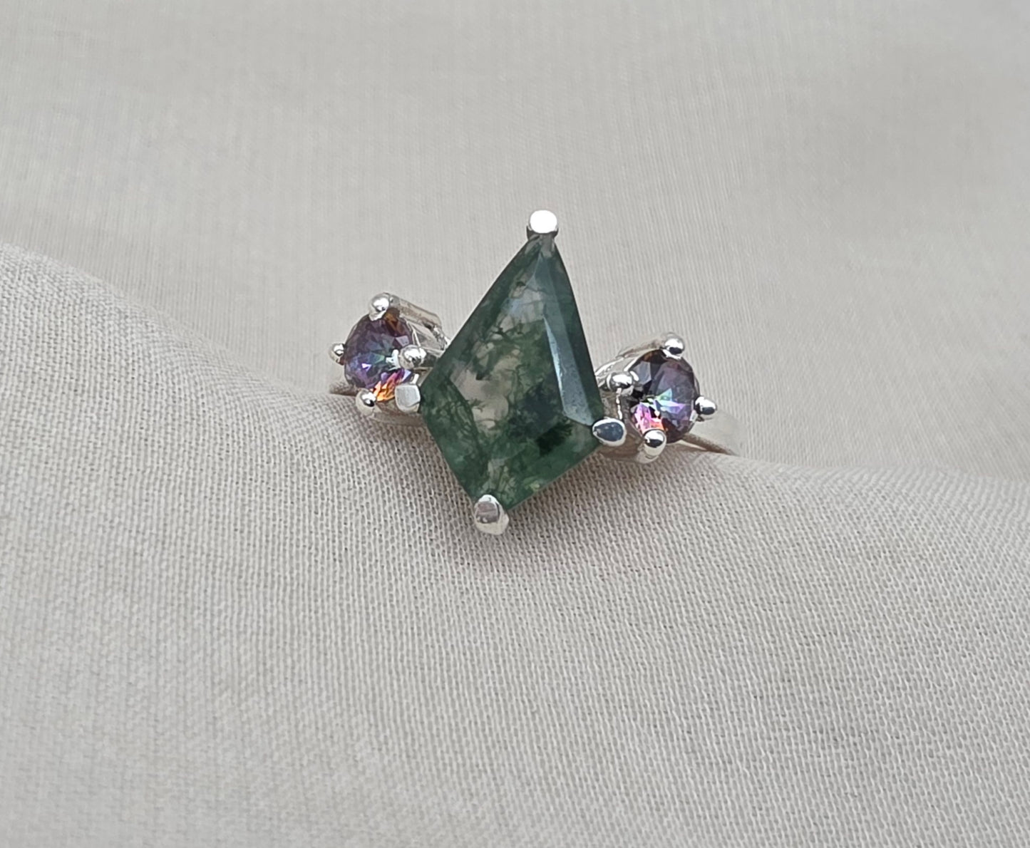 925 SOLID STERLING SILVER NATURAL MOSS AGATE GEMSTONE HANDMADE RING, MYSTIC TOPAZ BRIDAL RING ALL SIZES AVAILABLE