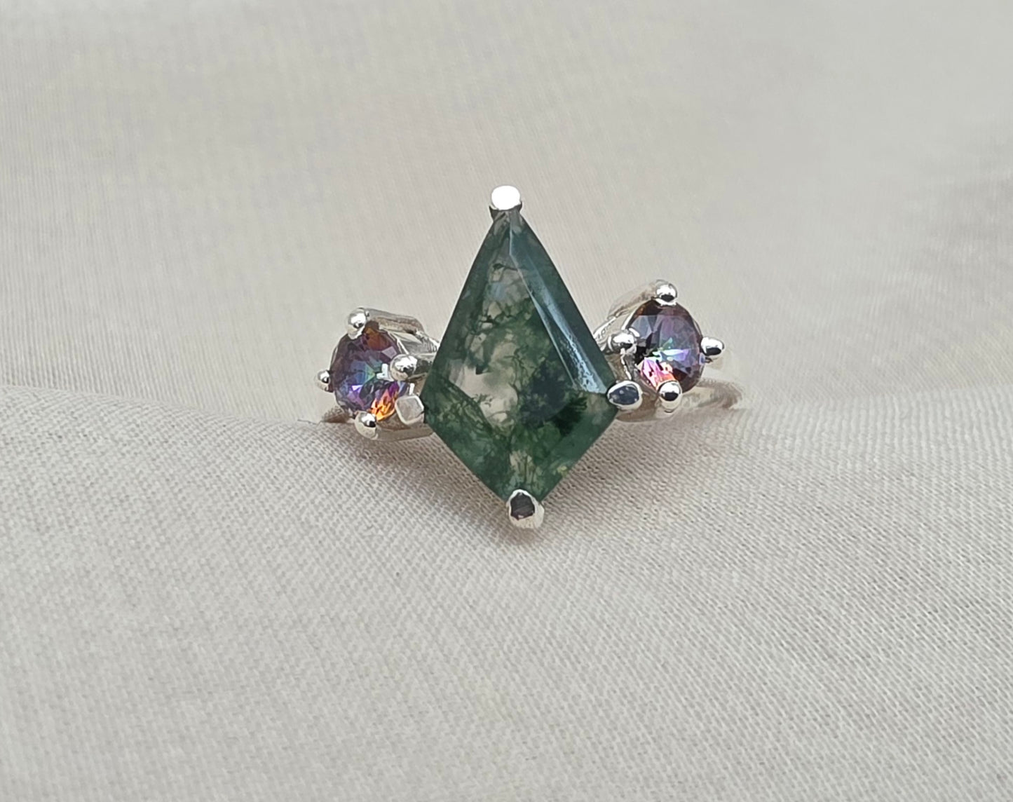 925 SOLID STERLING SILVER NATURAL MOSS AGATE GEMSTONE HANDMADE RING, MYSTIC TOPAZ BRIDAL RING ALL SIZES AVAILABLE