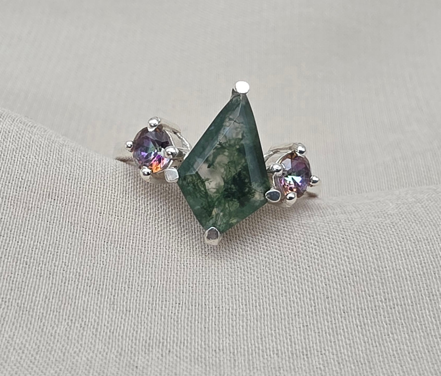 925 SOLID STERLING SILVER NATURAL MOSS AGATE GEMSTONE HANDMADE RING, MYSTIC TOPAZ BRIDAL RING ALL SIZES AVAILABLE