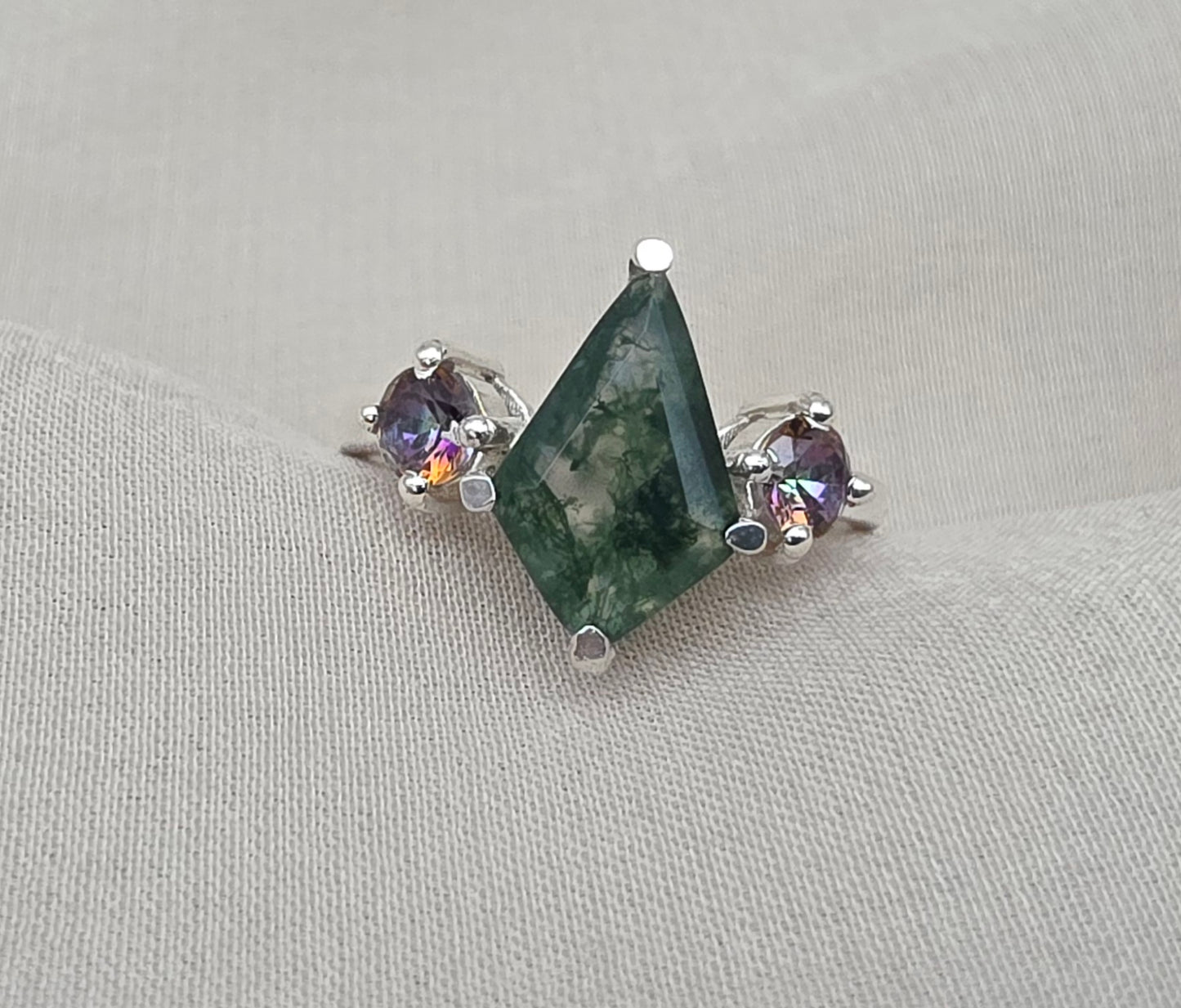 925 SOLID STERLING SILVER NATURAL MOSS AGATE GEMSTONE HANDMADE RING, MYSTIC TOPAZ BRIDAL RING ALL SIZES AVAILABLE