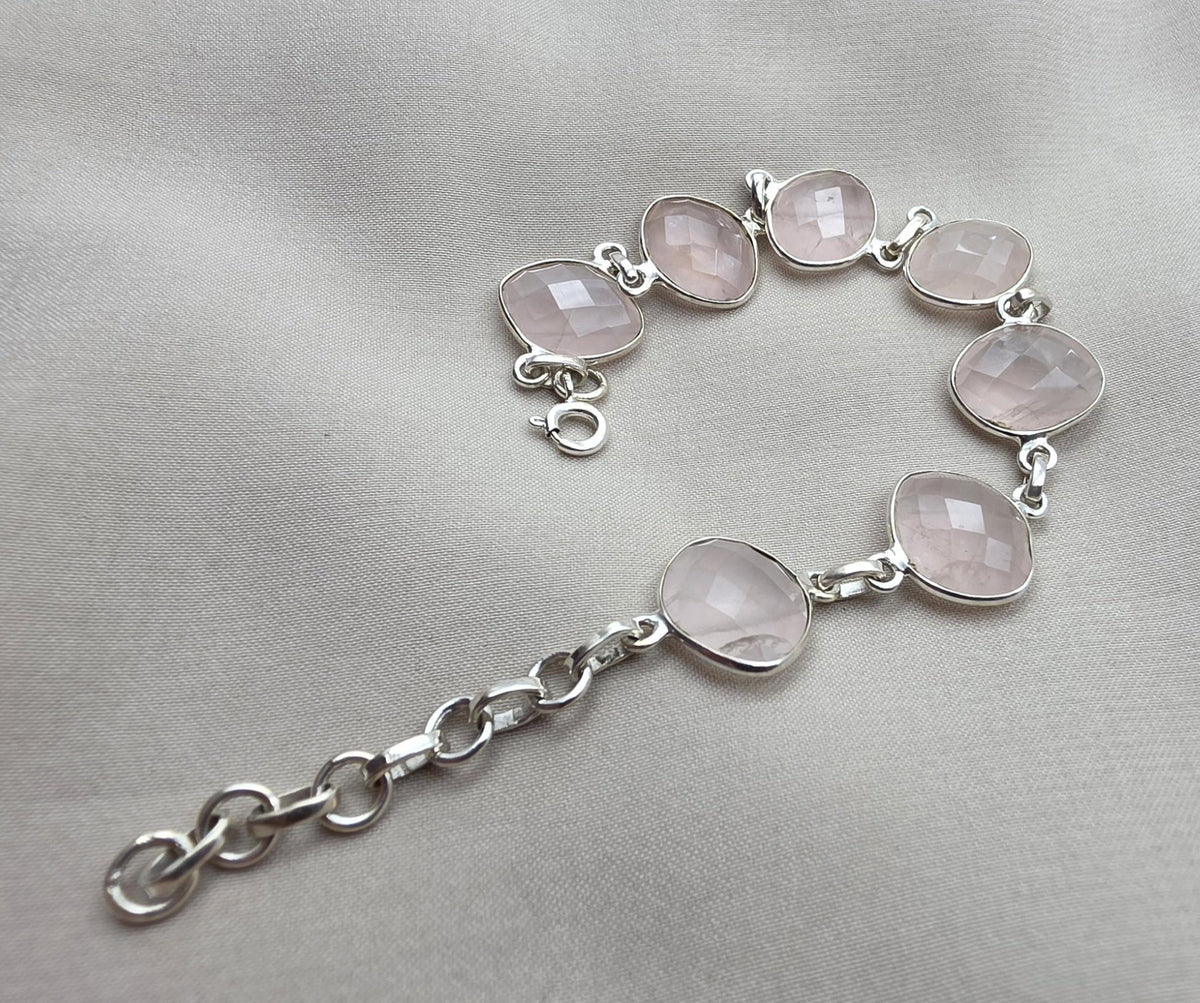 925 Sterling Silver Rose Quartz Natural Gemstone Link Bracelet Handmade Jewelry Gift for Her