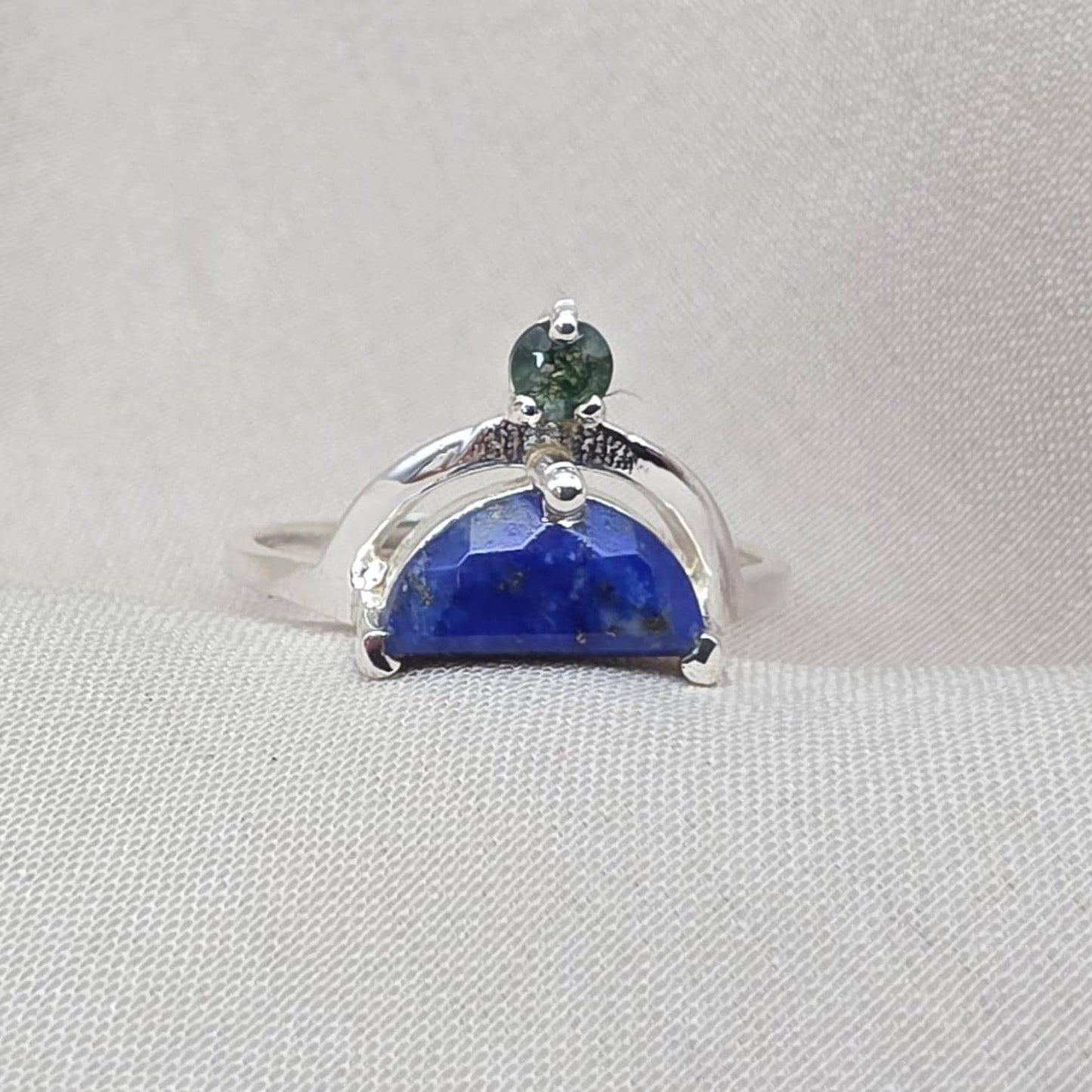 Lapis Lazuli Ring 925 Sterling Silver Dual Stone Moss Agate Statement Ring