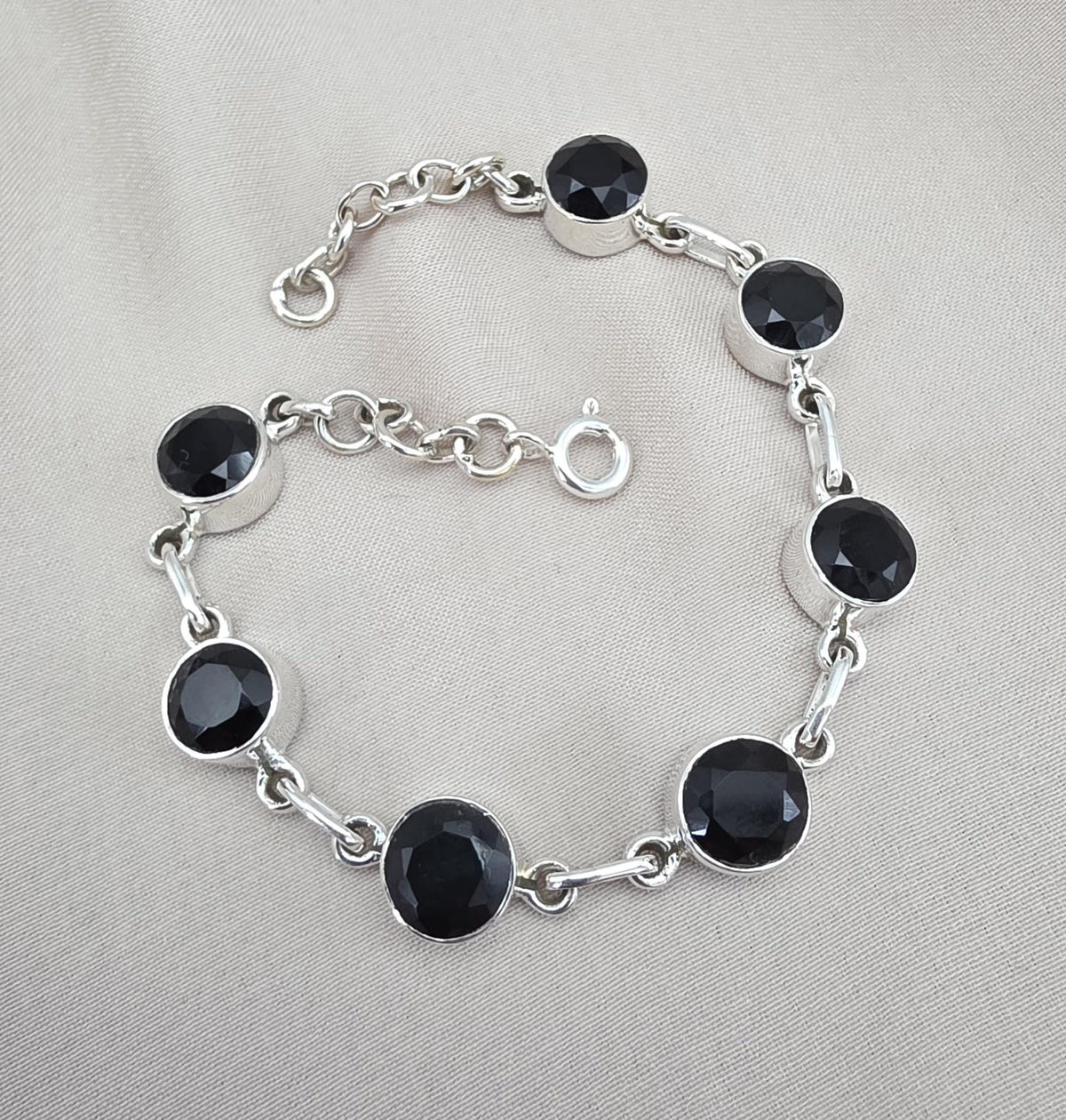 Black Onyx Bracelet 925 Sterling Silver Round Stone Link Bracelet Handmade Jewelry