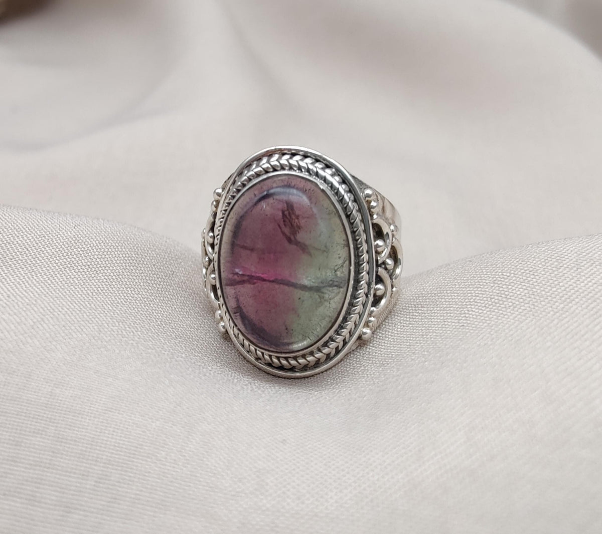 Rainbow Fluorite Ring: 925 Sterling Silver Boho Statement Jewelry