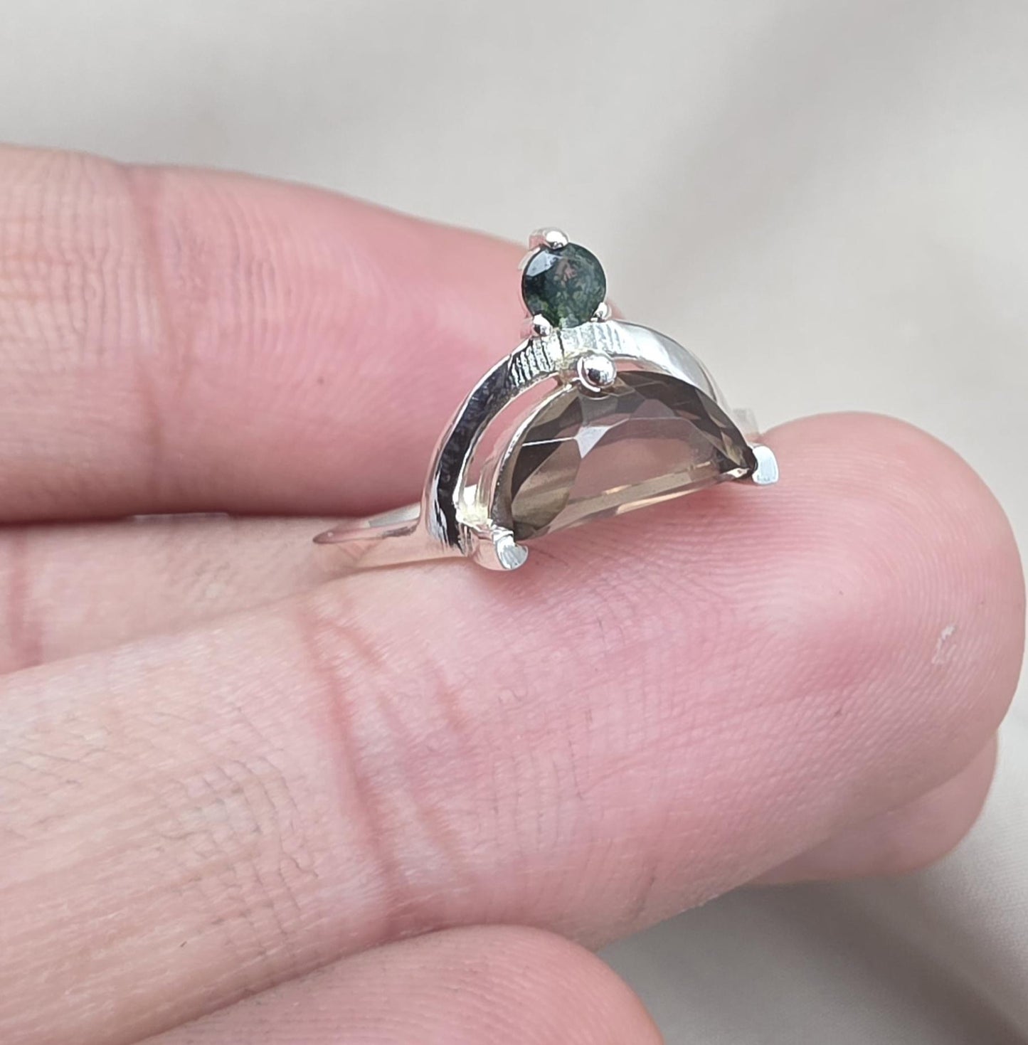Smoky Quartz Ring 925 Silver Dual Stone Moss Agate Statement Ring Half Moon Jewelry