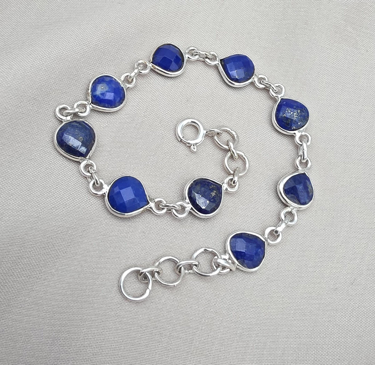 Lapis Lazuli Heart Link Bracelet 925 Sterling Silver Faceted Gemstone Handmade Gemstone Jewelry