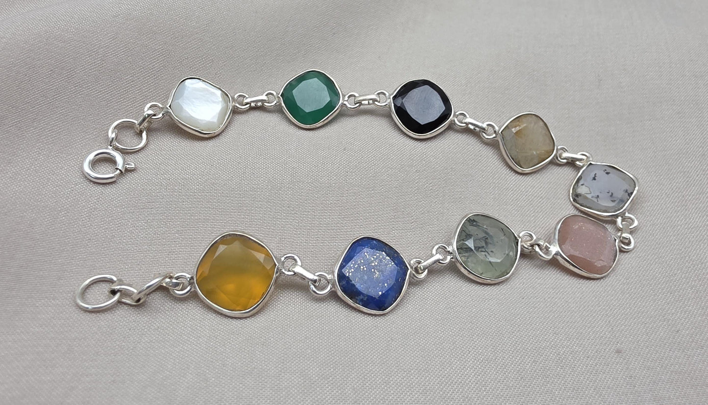 Multi Gemstone Bracelet 925 Sterling Silver Colorful Statement Bracelet
