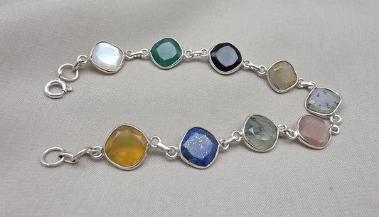 Multi Gemstone Bracelet 925 Sterling Silver Colorful Statement Bracelet