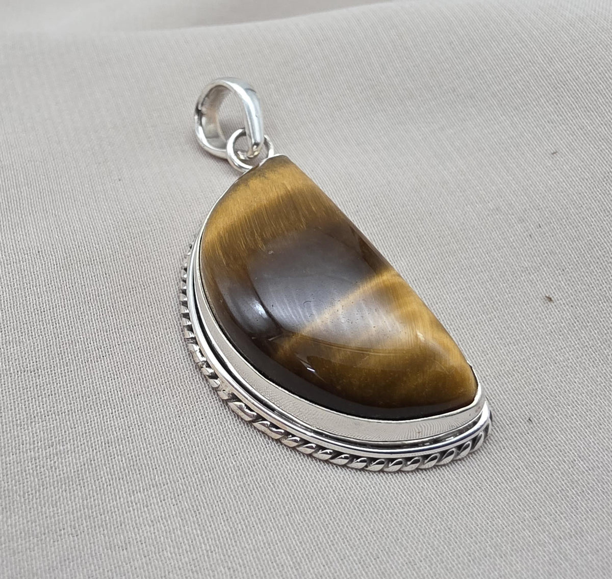 Half Moon Tiger Eye Pendant: 925 Sterling Silver Protection Gemstone Necklace Courage Jewelry