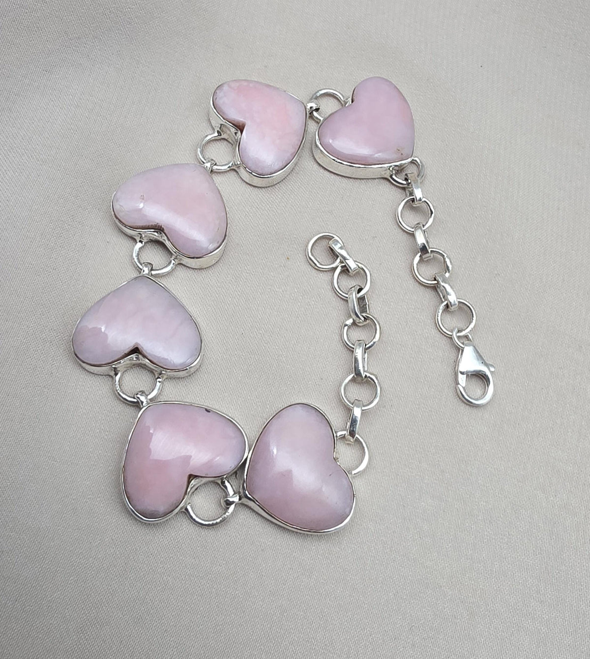 Pink Opal Heart Bracelet, 925 Sterling Silver, Handmade