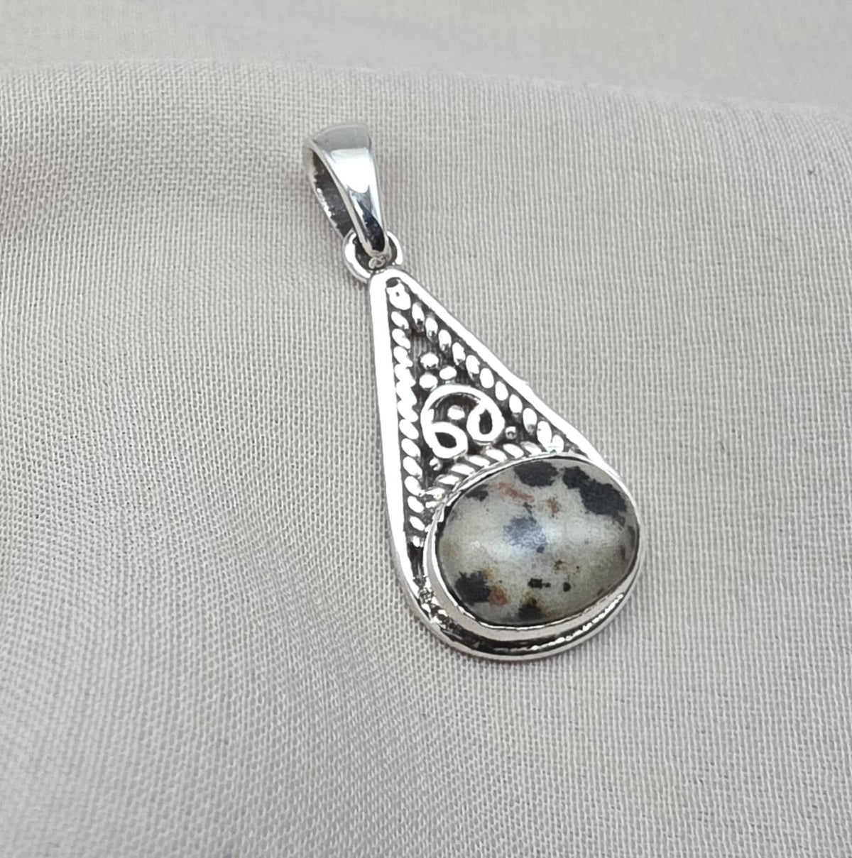 Sterling Silver Dalmatian Jasper Pendant: Teardrop Boho Necklace
