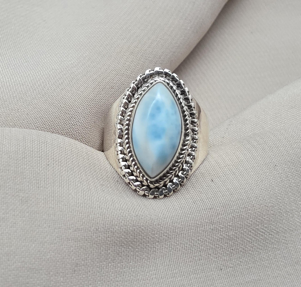 Natural Larimar Ring 925 Sterling Silver Larimar Marquise Cut Gemstone Boho Statement Jewelry