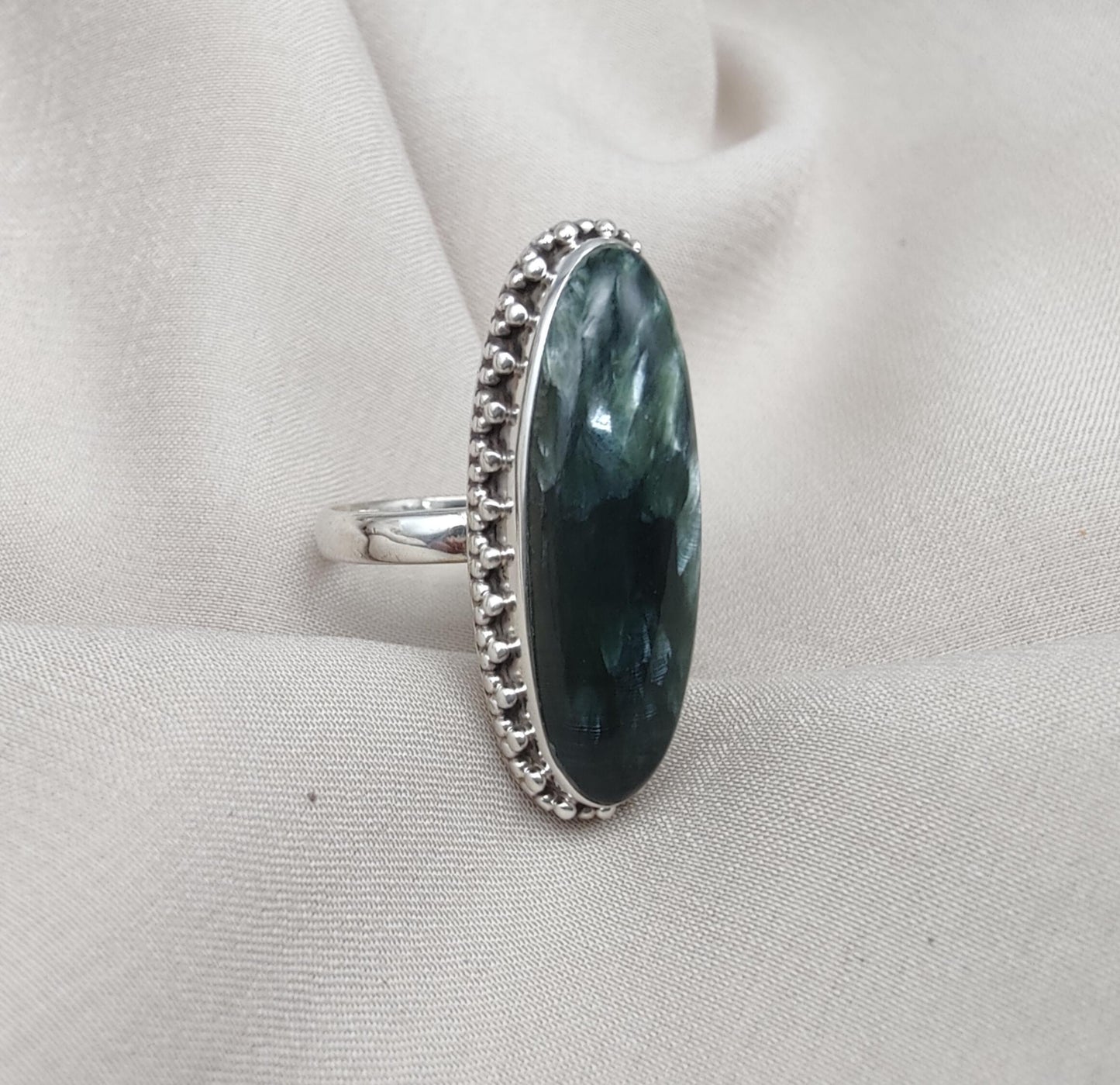 Seraphinite 925 Sterling Silver Ring Handmade Boho Vintage Statement Jewelry