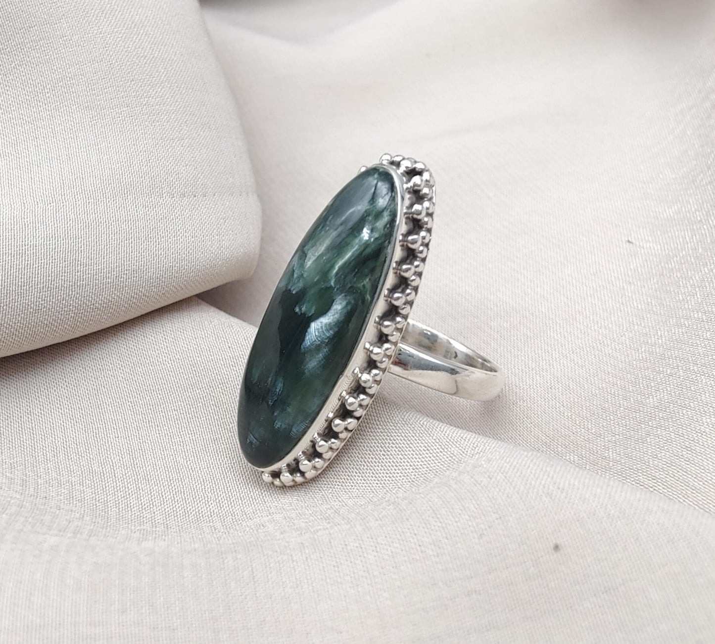 Seraphinite 925 Sterling Silver Ring Handmade Boho Vintage Statement Jewelry