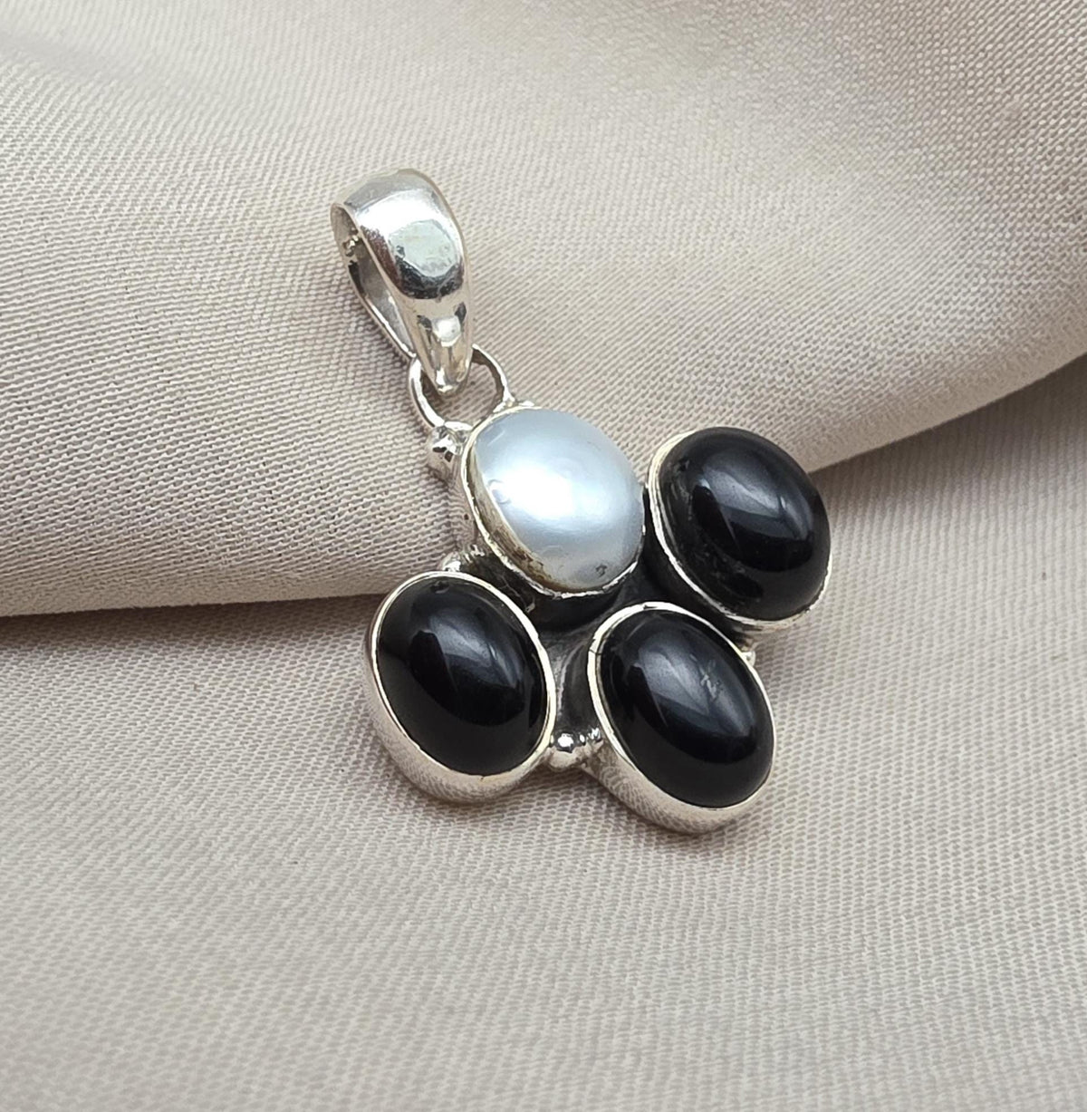 Black Onyx & Mother of Pearl 925 Sterling Silver Pendant: Handmade Boho Necklace