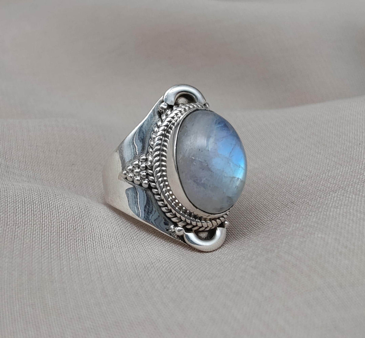 Rainbow Moonstone Ring: Sterling Silver Statement Jewelry, Artisan Boho Design