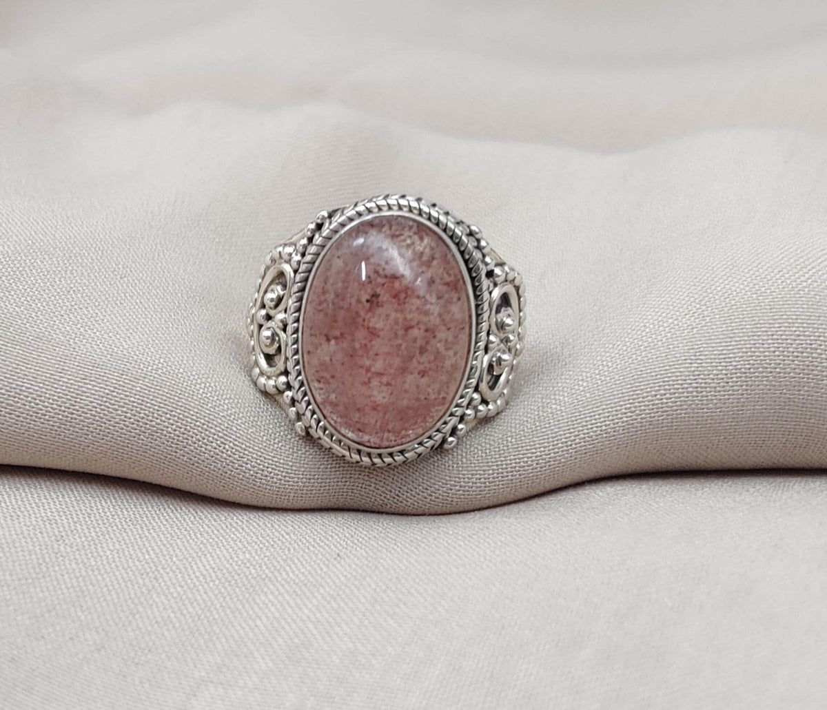 Strawberry Quartz 925 Sterling Silver Ring: Handmade Boho Gemstone Jewelry