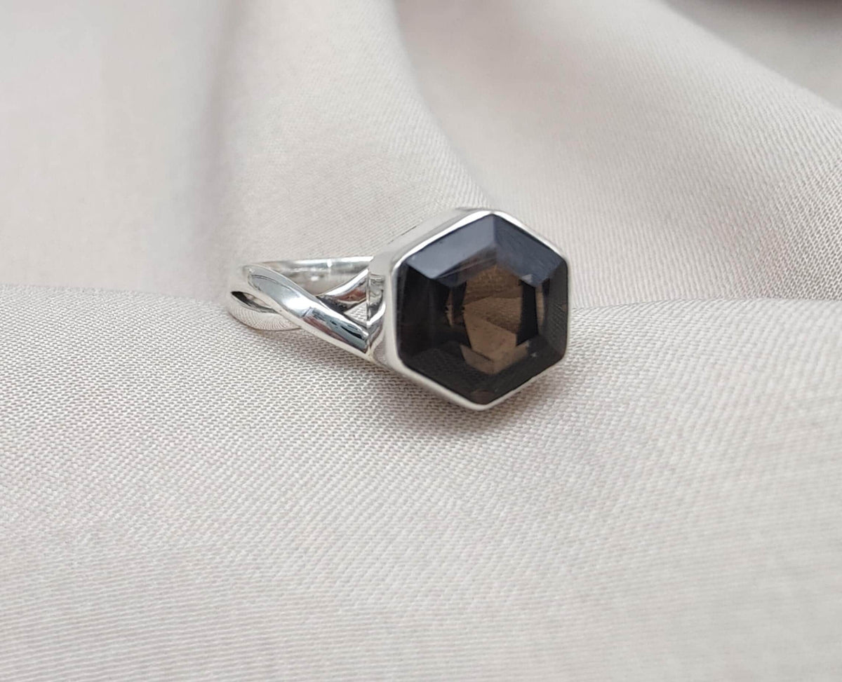 Smoky Quartz Hexagon Ring: 925 Sterling Silver Twisted Band