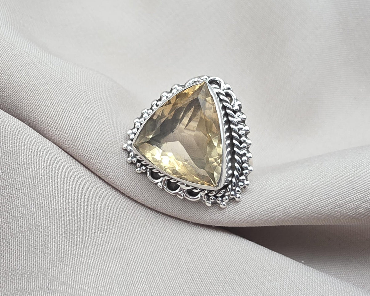 Lemon Quartz Ring 925 Sterling Silver Natural Yellow Gemstone Triangle Cut Ring