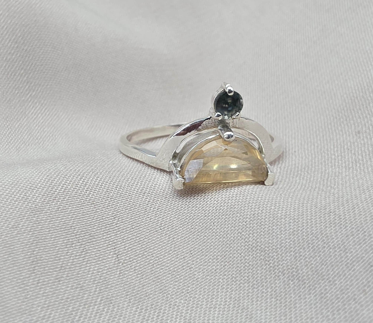 Citrine Ring 925 Sterling Silver Dual Stone Moss Agate Statement Ring