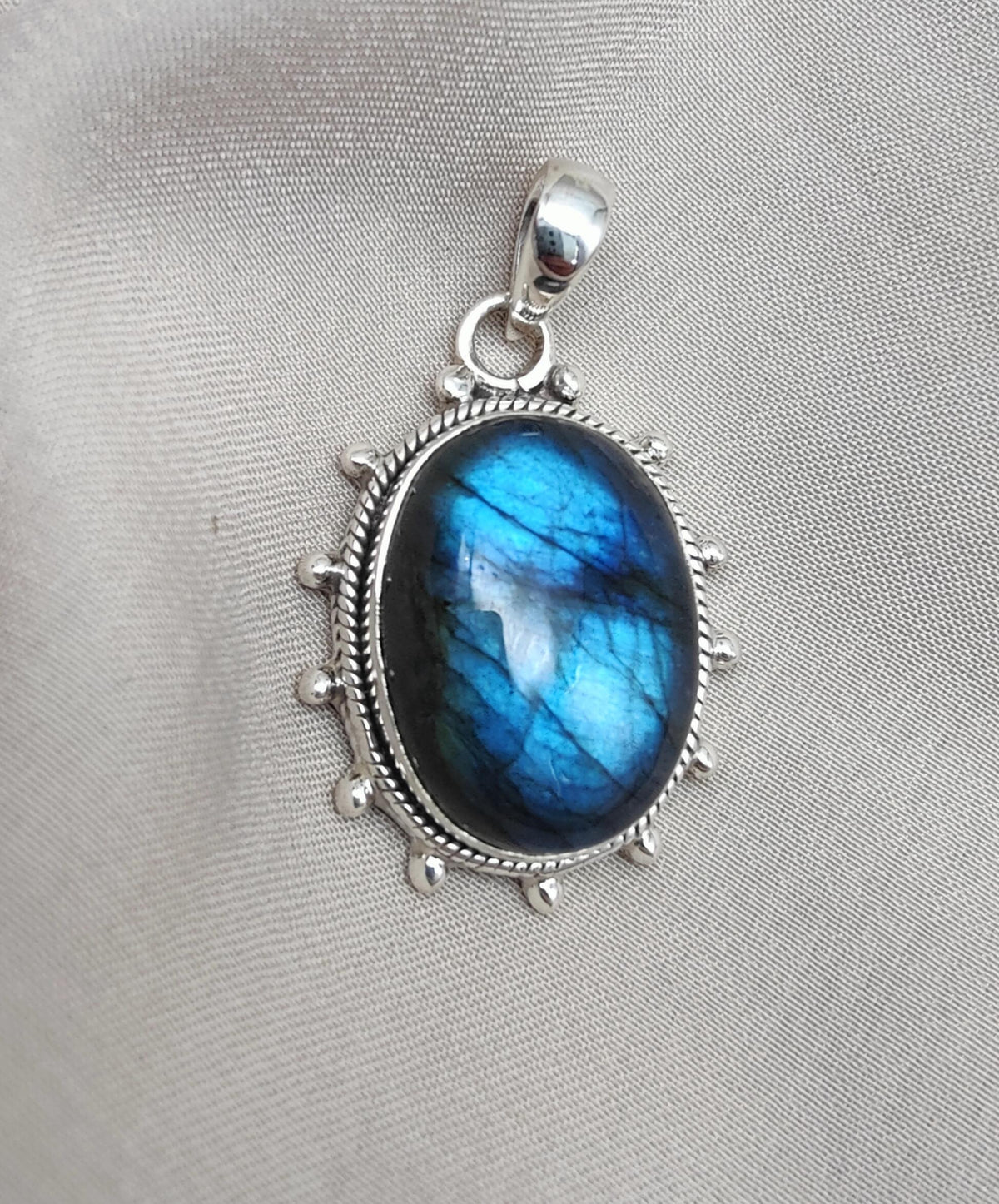 Blue Flash Labradorite 925 Sterling Silver Pendant Boho Necklace