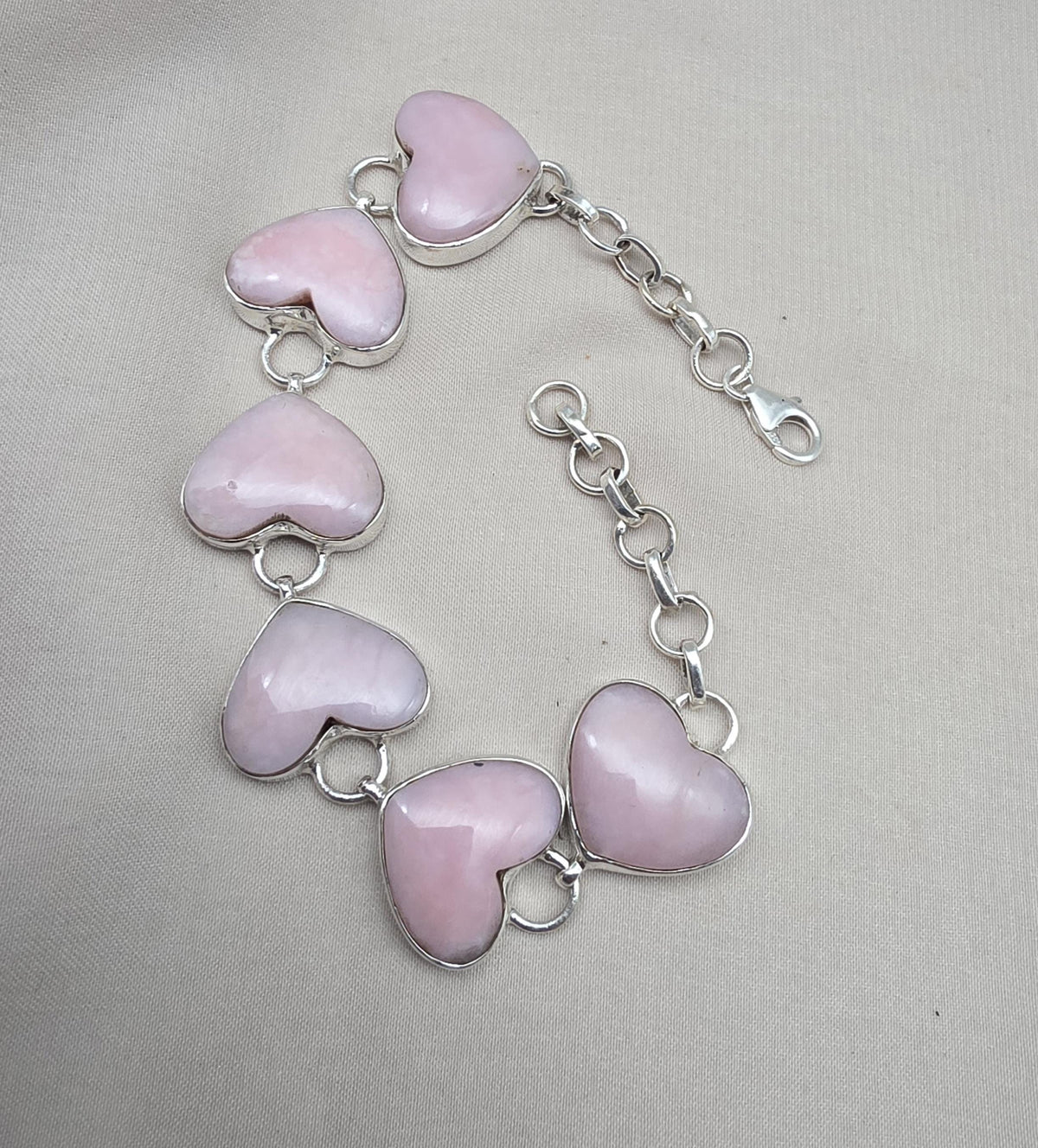 Pink Opal Heart Bracelet, 925 Sterling Silver, Handmade