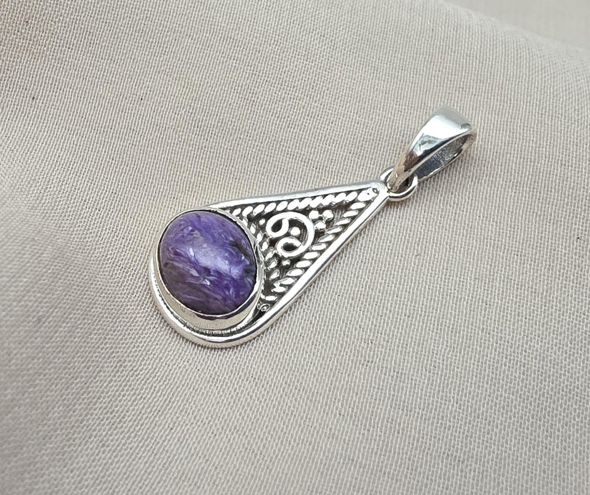 Handmade Charoite 925 Sterling Silver Pendant: Purple Gemstone Boho Necklace