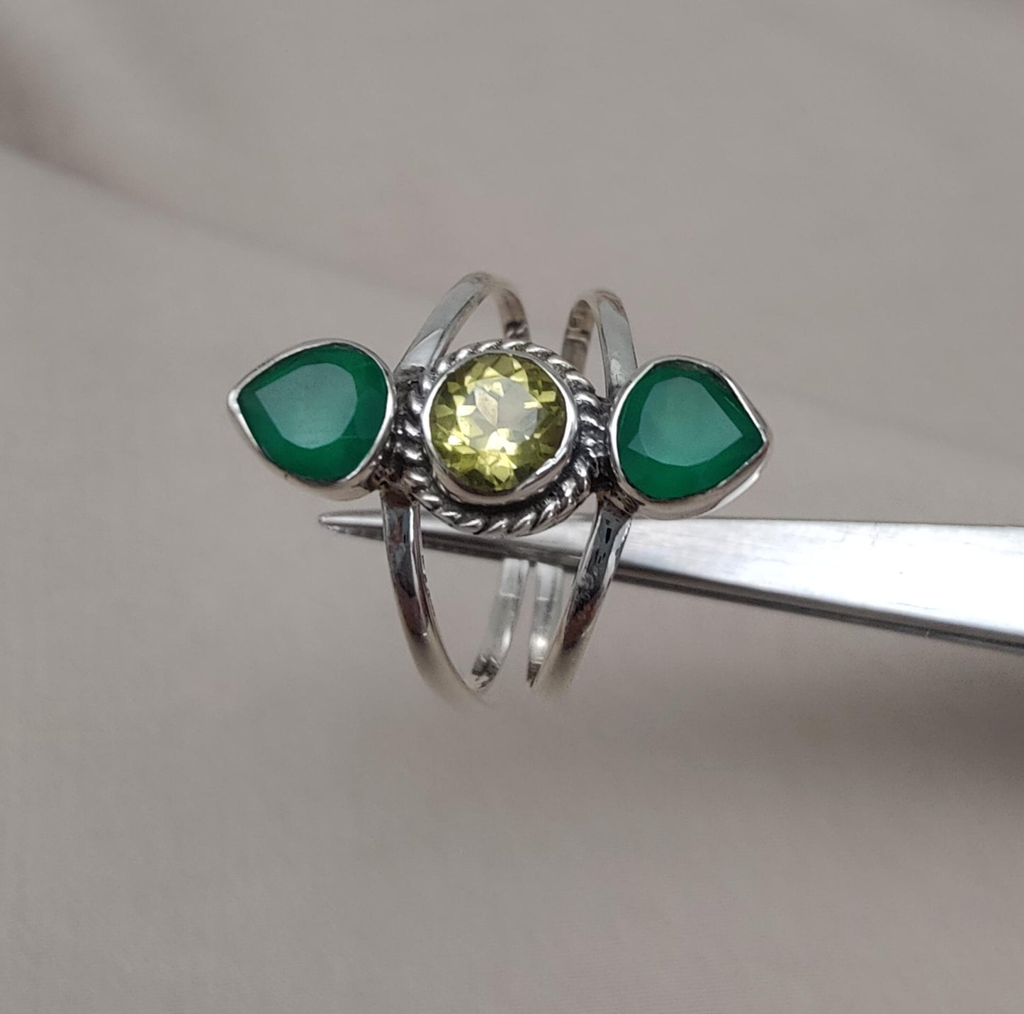 Green Onyx & Lemon Quartz 925 Sterling Silver Ring: Boho Statement Jewelry