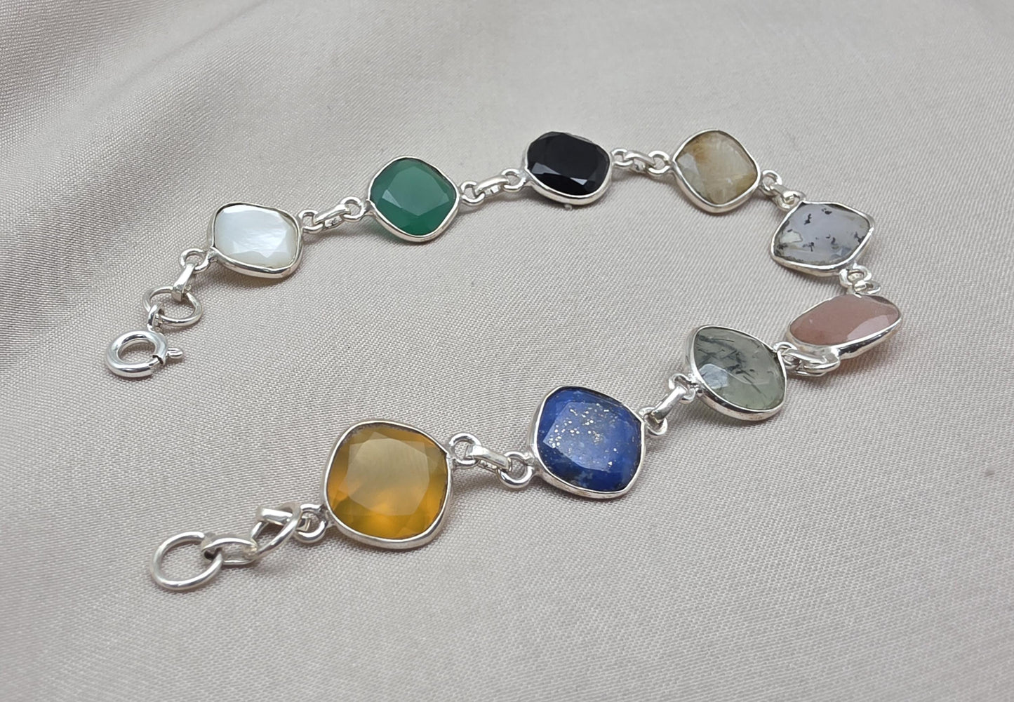 Multi Gemstone Bracelet 925 Sterling Silver Colorful Statement Bracelet