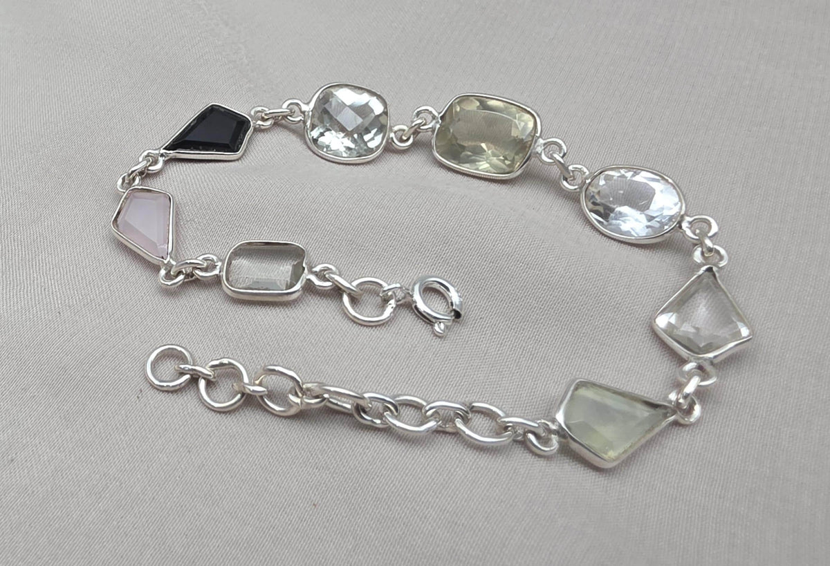 925 Sterling Silver Multi Gemstone Bracelet, Colorful Boho Link Jewelry Gift Her