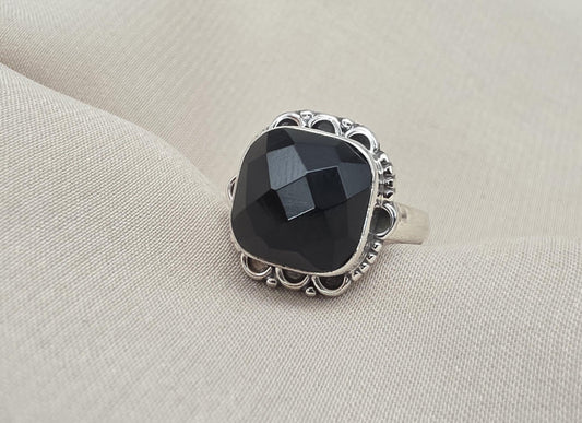 925 Sterling Silver Black Onyx Ring Cushion Cut Natural Gemstone Handmade Vintage Style Gift