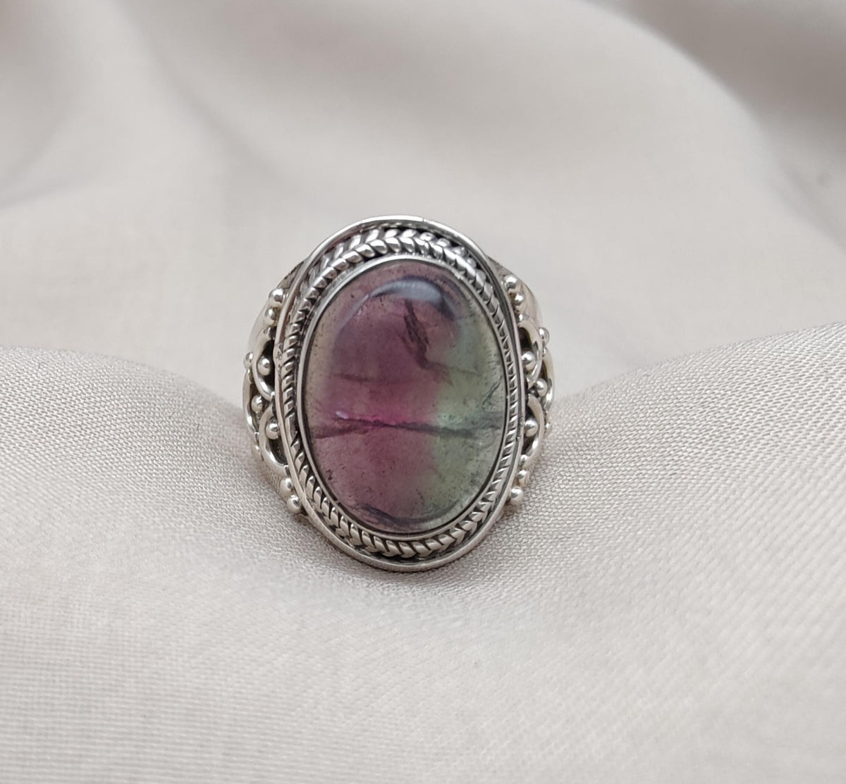 Rainbow Fluorite Ring: 925 Sterling Silver Boho Statement Jewelry